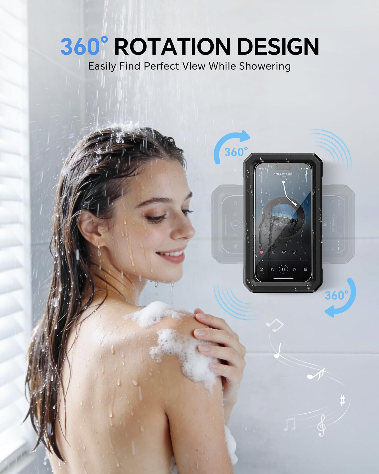 UPRONE Waterproof Phone Holder for Shower- 480° Rotatable Retractable Adjustable Anti Fog iPhone Case for Shower,Bathroom Accessories Wall Mount Phone