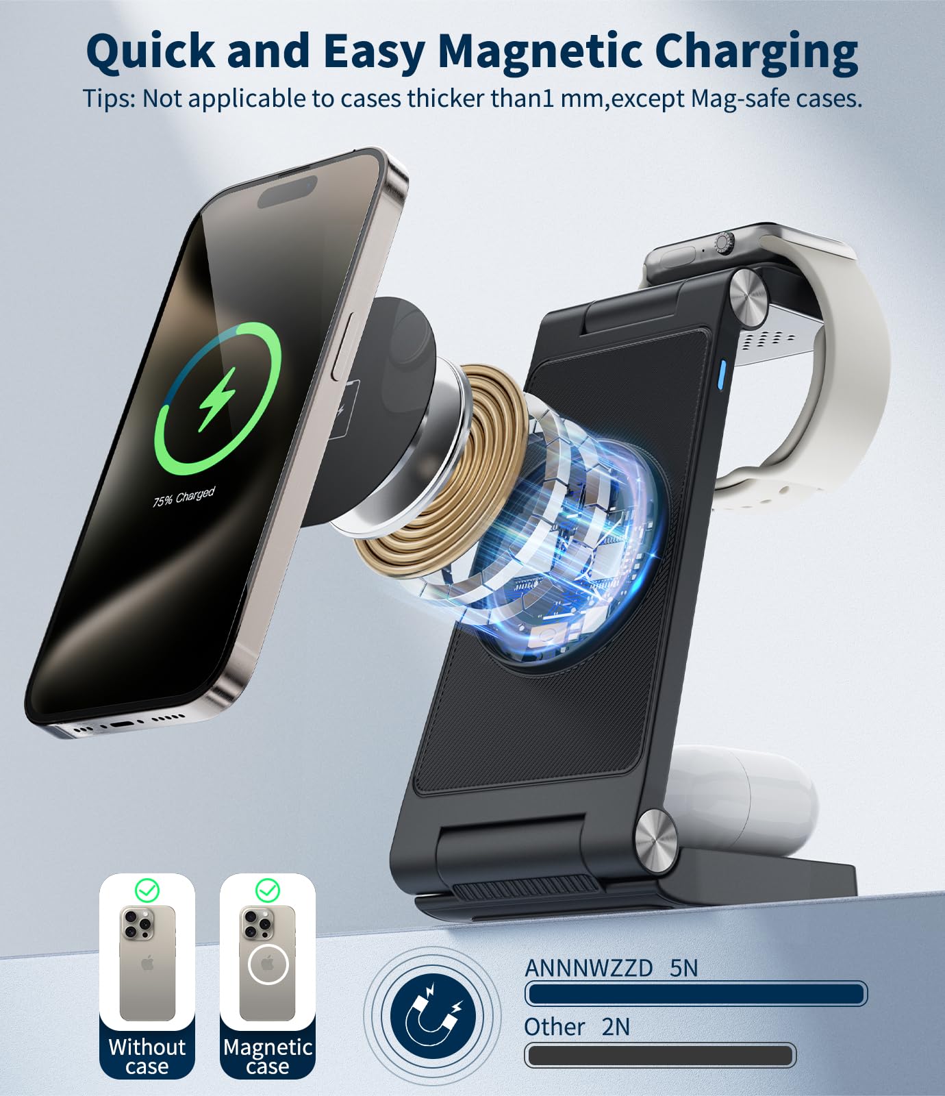 Magnetic Wireless Charging Station, 3 in 1 Fast Max Charging for iPhone 17 16 15 14 13 12 Pro Max Plus, Apple Watch, Air Pods Pro - Space-Saving