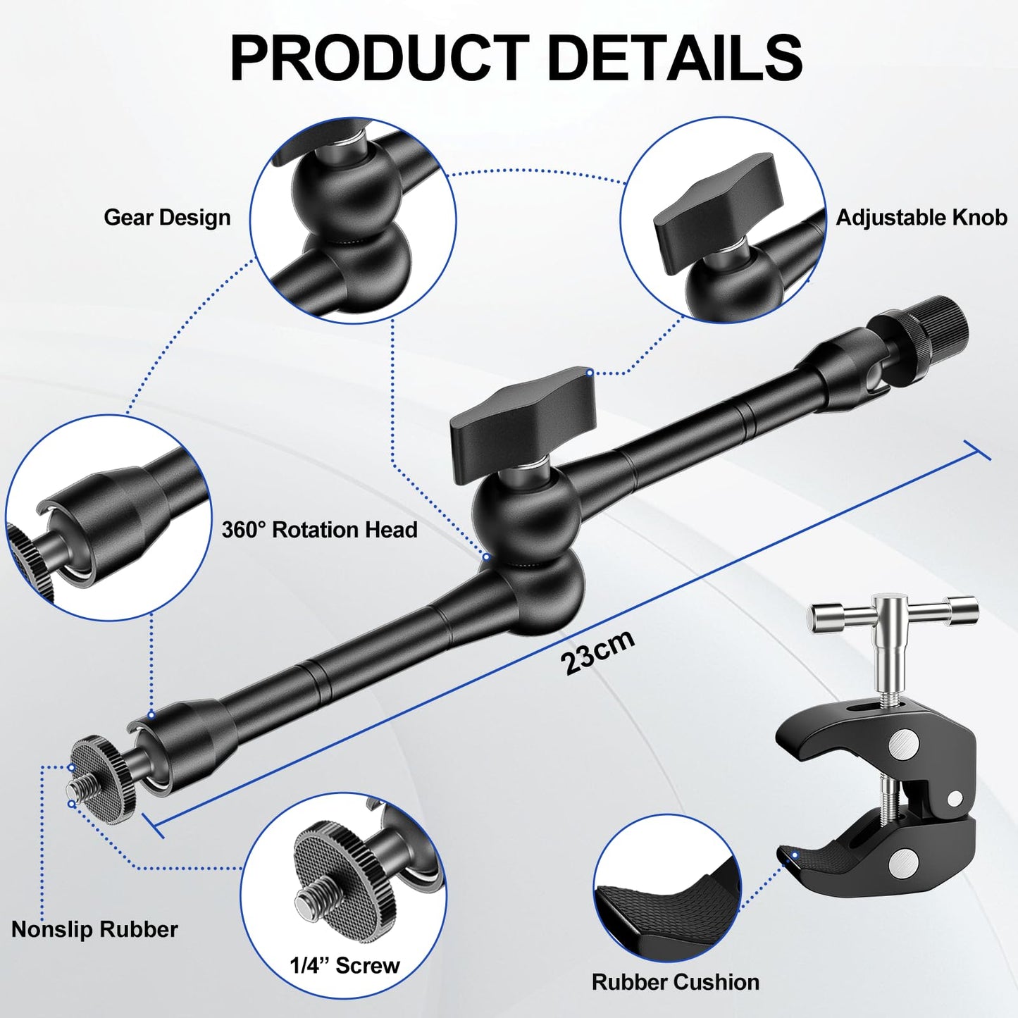 Magic Arm with Super Clamp Kit, 9.8" Adjustable Magic Arm Camera Mount with 1/4" & 3/8" Threads, 360° Rotation Adjustment for Monitor Flash LED Light