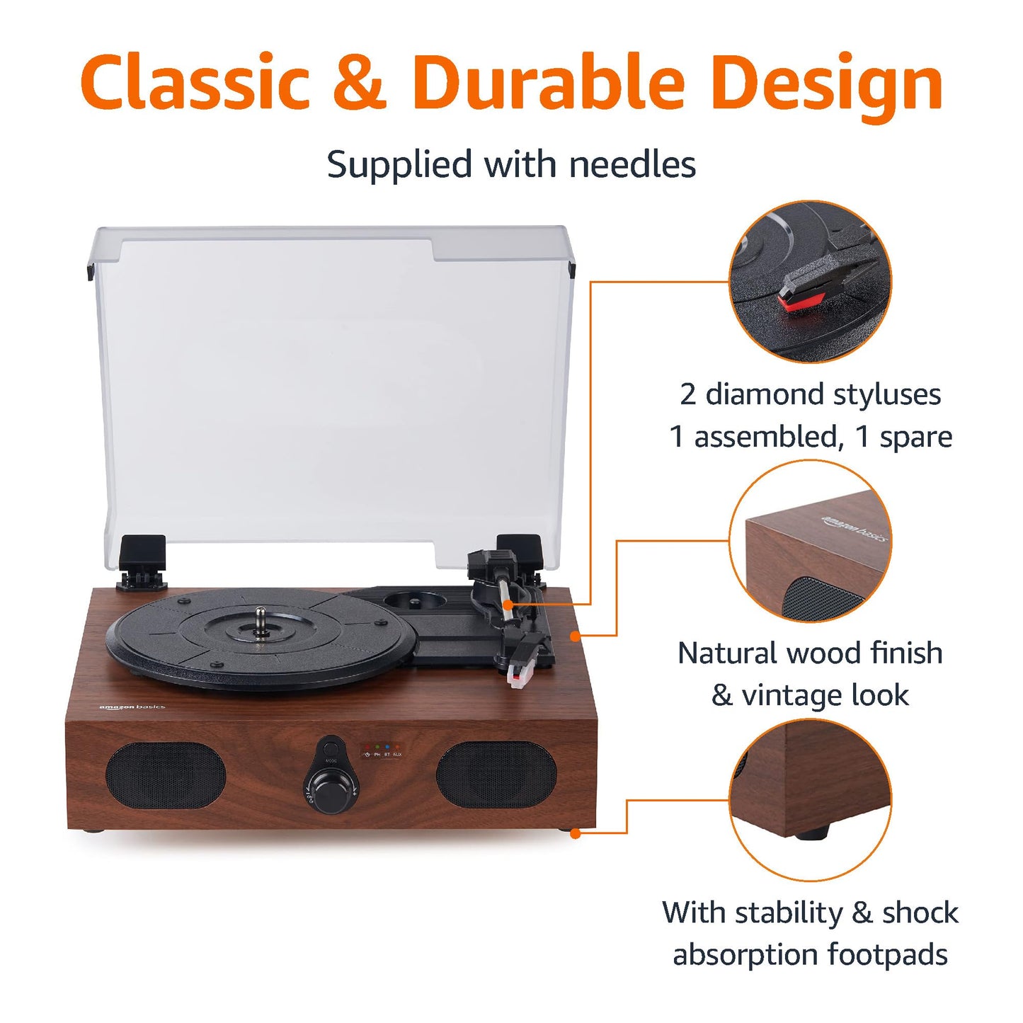 Amazon Basics Desktop Vinyl Record Player Turntable with Bluetooth Playback, Built-in Speakers, 3-Speed, Wireless Playback, Black
