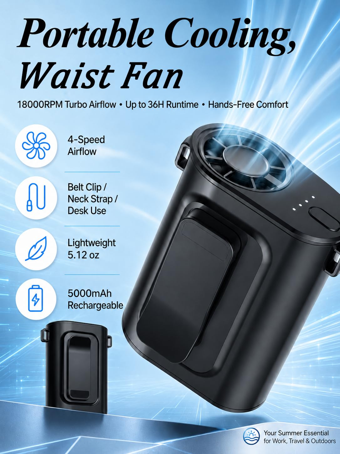 OiQii Waist Fan Portable Ultra Lightweight Design