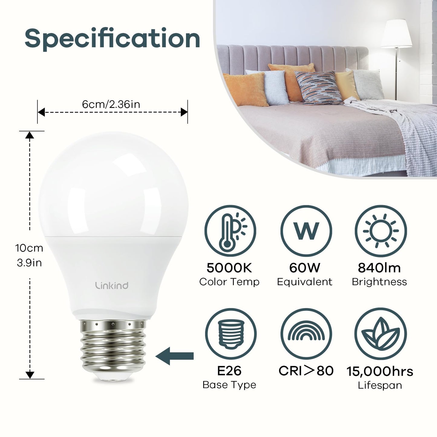 Linkind A19 LED Light Bulbs, 60 Watt Equivalent, 5000K Daylight 6 Packs