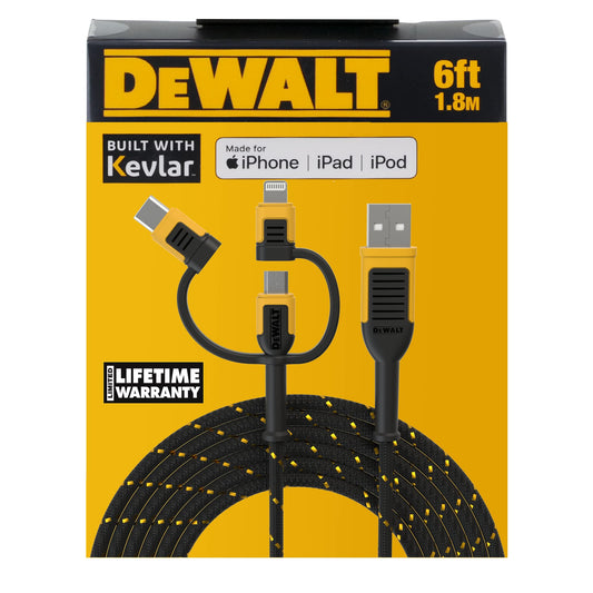 DEWALT Heavy Duty 3 in 1 Multi Charging Cord, 6ft Fast Charger Cord, Multi Charger Adapter with Lightning/Type C/Micro USB Port for iPhones/Samsung