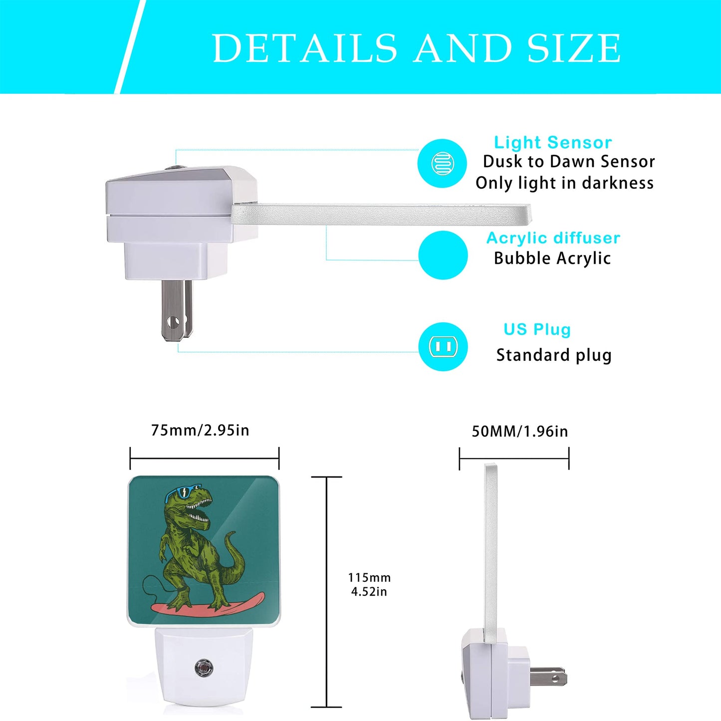 Oeaskly Dinosaur Night Light,Happy Dinosaur Surfer Night Lights Plug into Wall with Dusk to Dawn Light Sensors 0.5W Dim Night-Lights for Bedroom