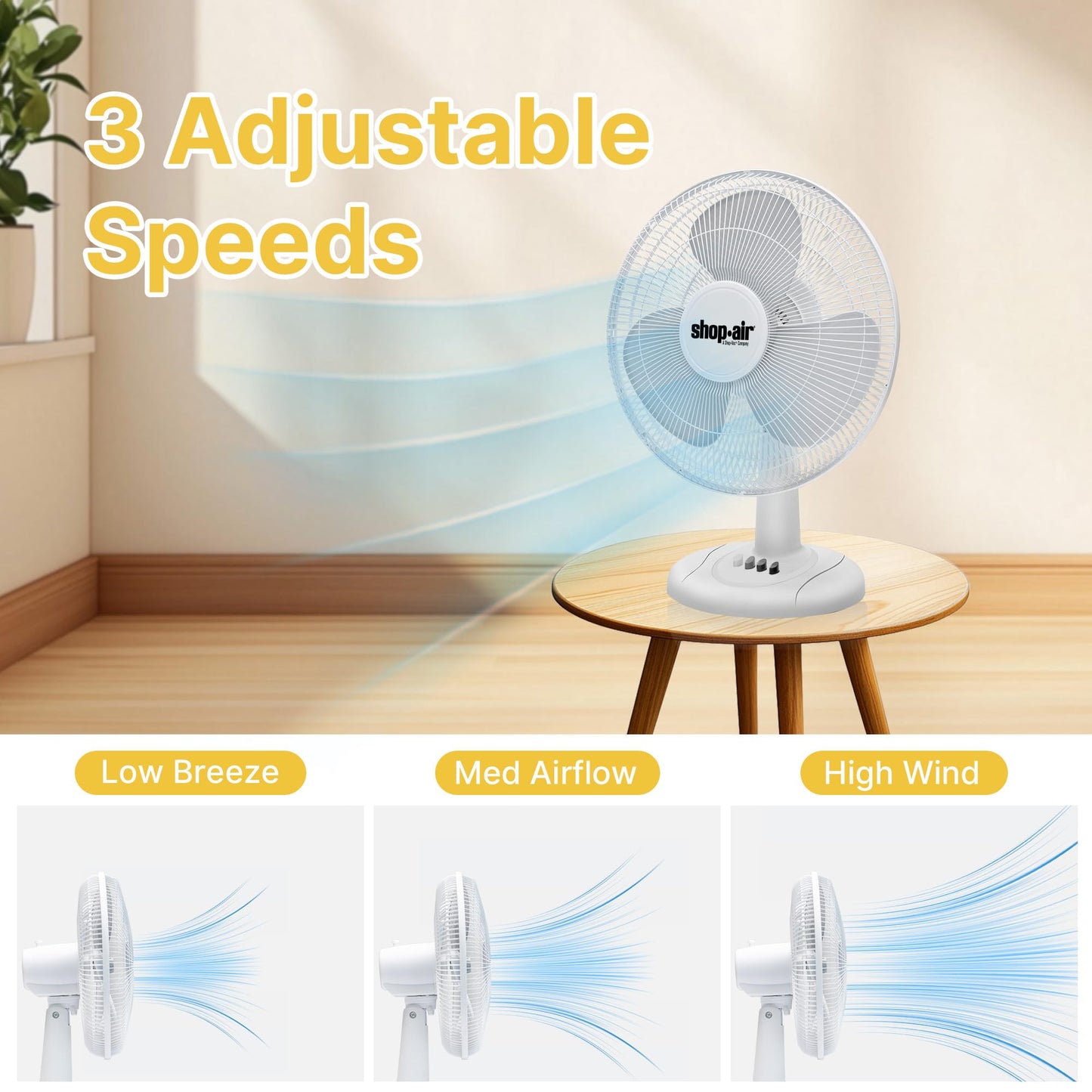 Shop-Air 12" Oscillating Table Fan, 3 Speeds, High-Velocity, Quiet & Powerful Air Circulation, 70° Adjustable Head Tilt,Ideal for Home, Bedroom or