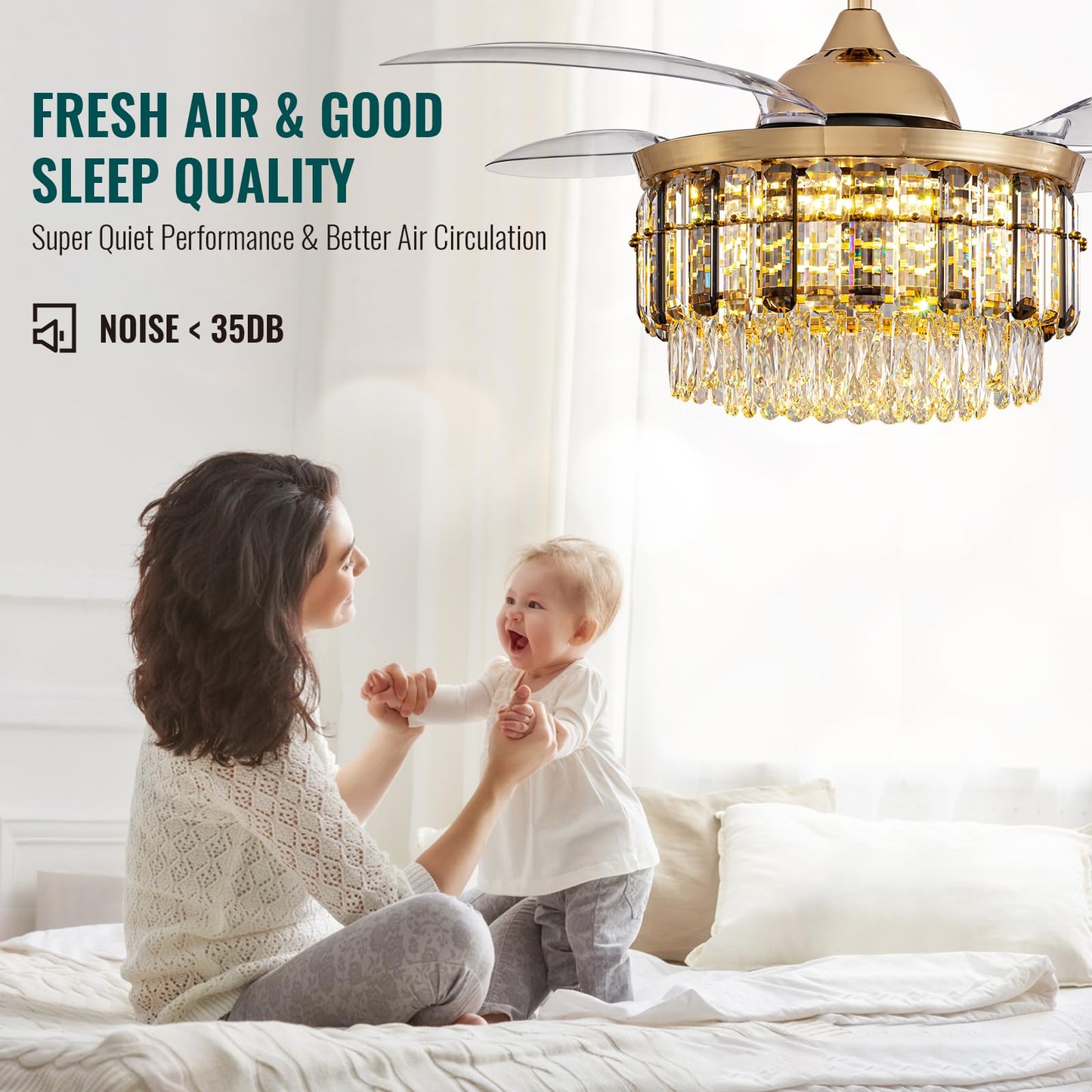 Siljoy 48 Inch Crystal Ceiling Fan with Light, Retractable Ceiling Fan with Lights Chandelier Fan, 6 Speeds, Dimmable Rose Gold Crystal Fandelier