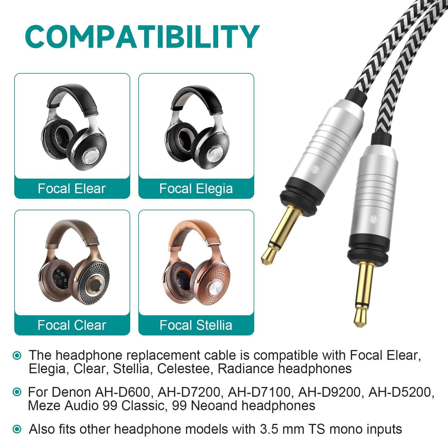 Focal Replacement Cable Compatible with Focal Elear, Elegia, Elex, Clear, Clear MG, Celestee, Stellia, Radiance Headphones, Replacement Audio Cable…