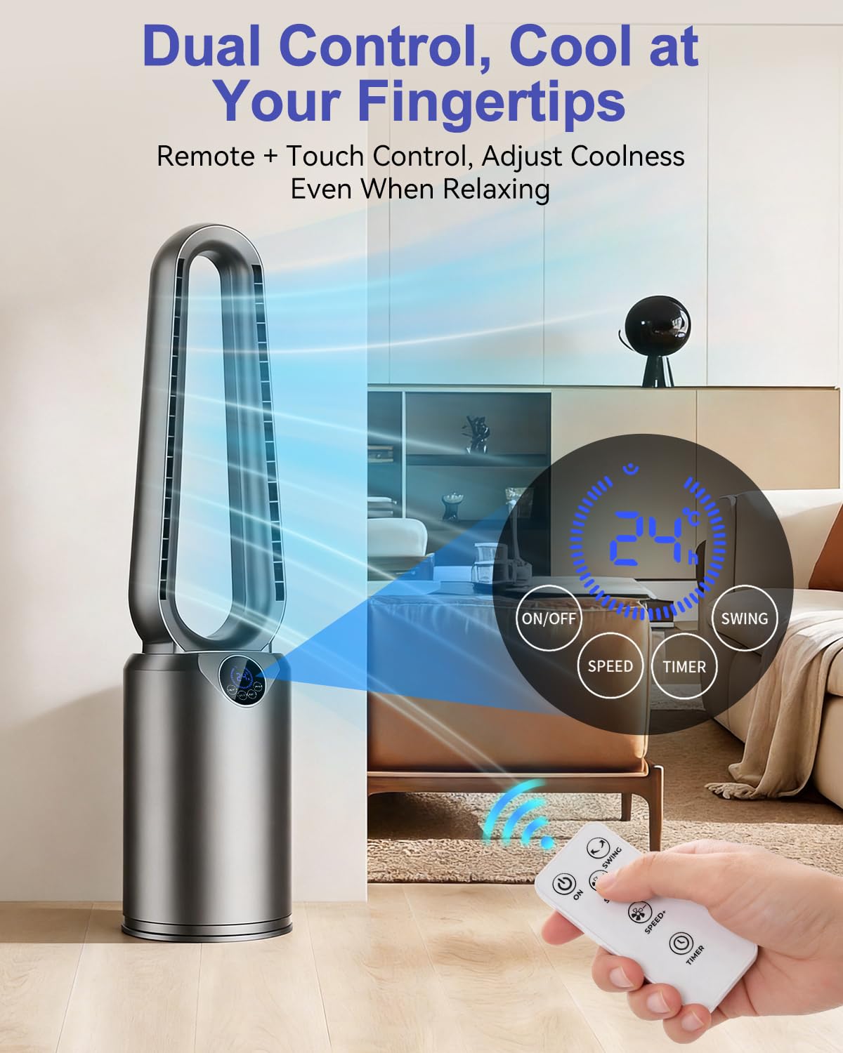Bladeless Tower Fan with Powerful Airflow, Ultra-Quiet DC Motor (22 dB), 8 Speed Levels & 4 Modes, Remote Control, 12H Timer, 90° Oscillation, Safe
