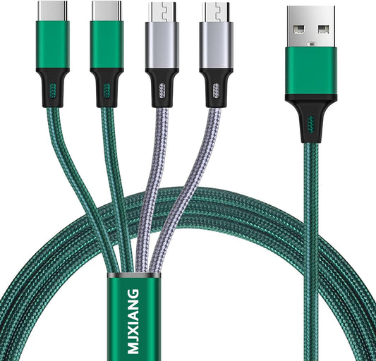 MJXIANG Multi Charging Cable[3A 4Ft 2-Pack],Nylon Braided 4 in 1 USB with 2 Type C/2 Micro USB Connectors Fast Charger Cord,for iPhone 17 16 15