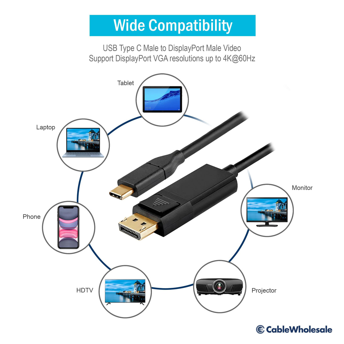 USB 3 Type C to DisplayPort Male Video Cable - 4K@60Hz, Gold-Plated, HDCP Support, 6 Feet