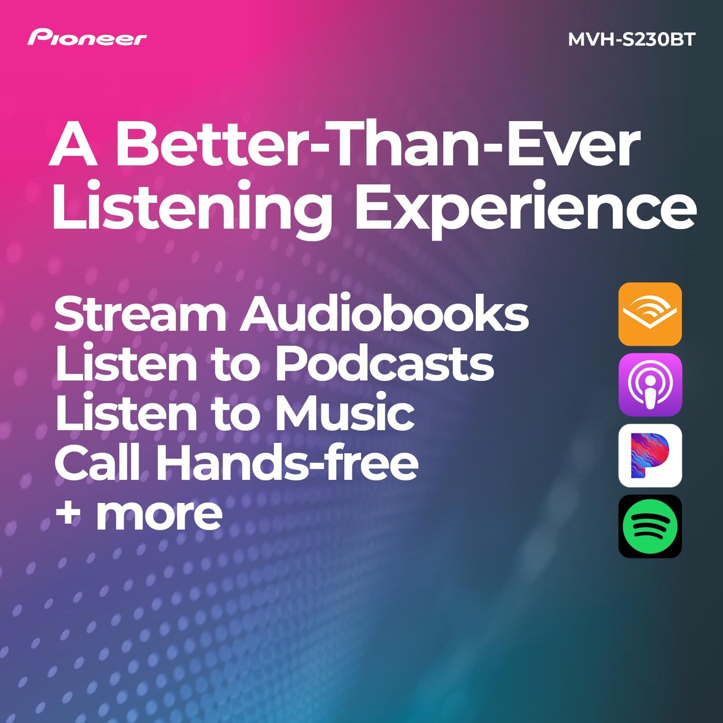 Pioneer MVH-S230BT 1-Din Digital Media Receiver - Bluetooth, USB, 50W x 4 Output, AM/FM Radio, iPhone/Android Compatible, Front/SW (Mono) Selectable