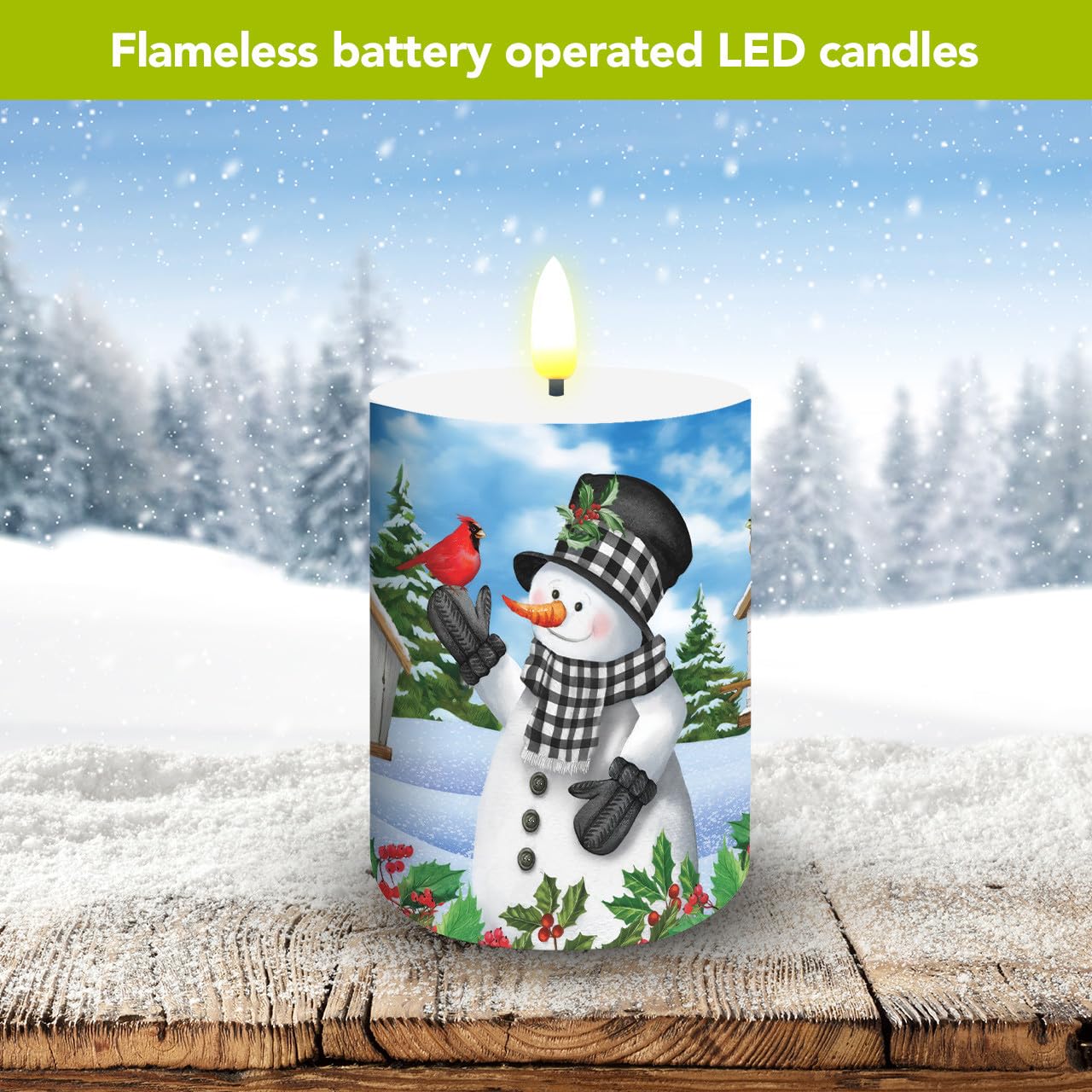 Briarwood Lane Winter Flameless Candle 6x3 Checkered Snowman Flameless Candle with Timer for Winter