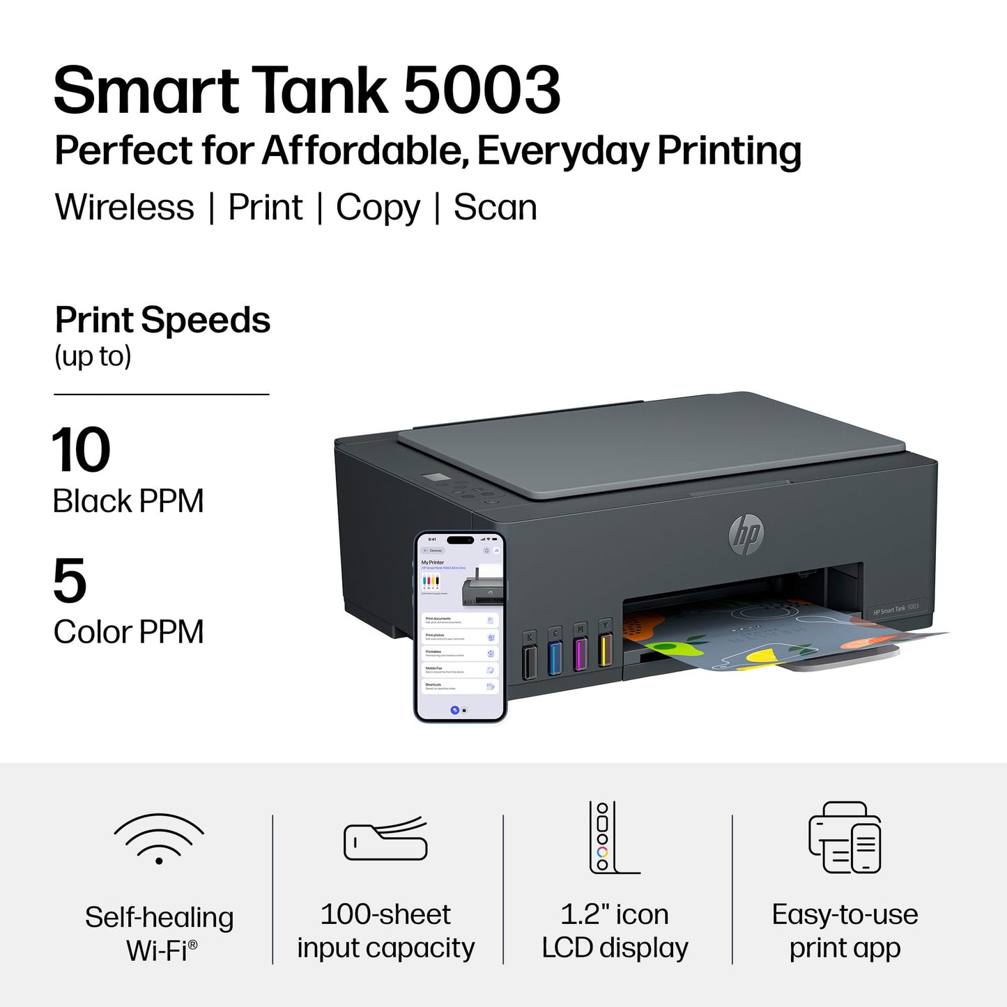 HP Smart Tank 5003 Wireless All-in-One Ink Tank Printer, Scanner, Copier with up to 3 Years of Ink Included, Best-for-Home, Cartridge-Free Refillable
