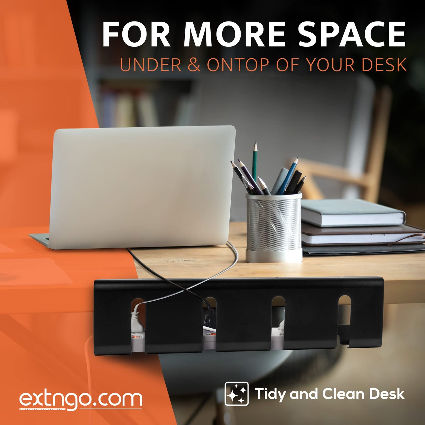 EXTNGO - Under Desk Cable Management Tray [2 Pieces] - Carbon Steel Desk Wire Organizer [16x4x4 in] - No Drilling Wire Management Under Desk with Glue