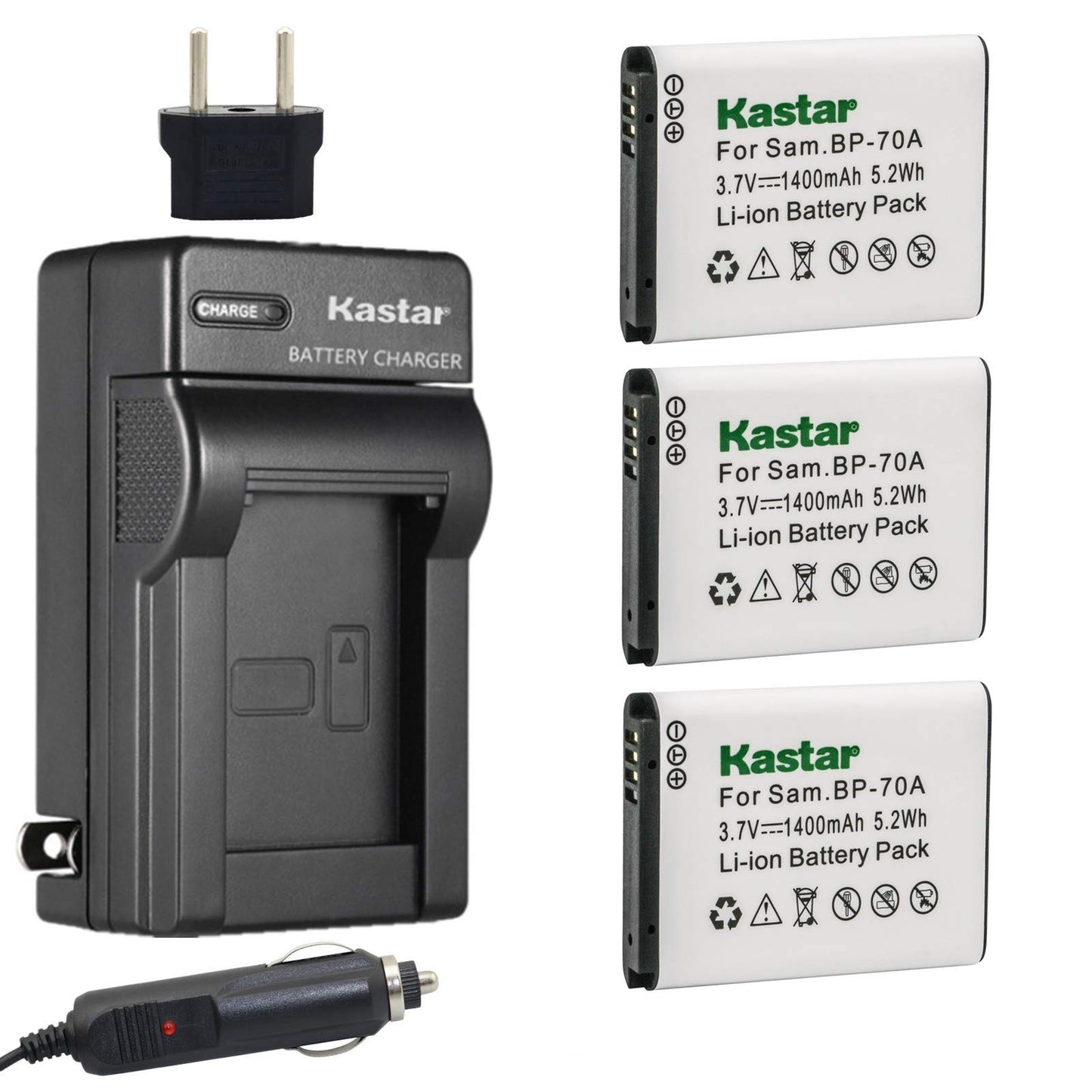 Kastar Battery 3X + Charger for Samsung BP-70A BP70A ST90 ST95 ST100 ST150F ST700 ST6500 SL50 SL600 SL605 SL630 WB30F WB35F WB50F ES70 ES80 MV800