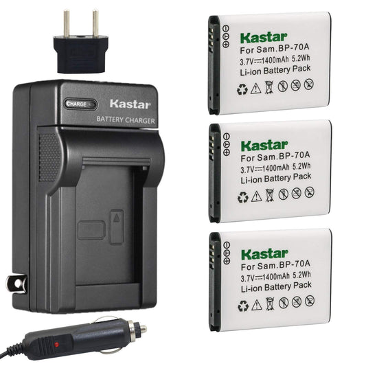 Kastar Battery 3X + Charger for Samsung BP-70A BP70A ST90 ST95 ST100 ST150F ST700 ST6500 SL50 SL600 SL605 SL630 WB30F WB35F WB50F ES70 ES80 MV800