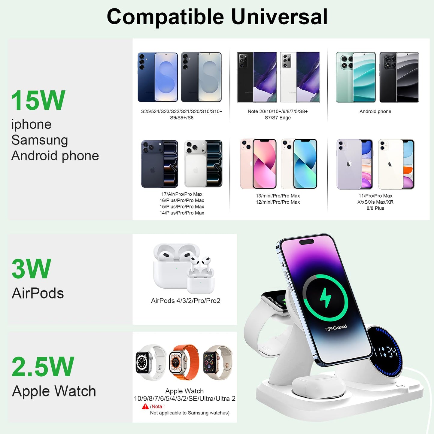 6-in-1 Wireless Charging Station with Bluetooth Speaker,Digital Clock and Ambient Lights,Fast Wireless Charger for for Multiple Devices for Apple