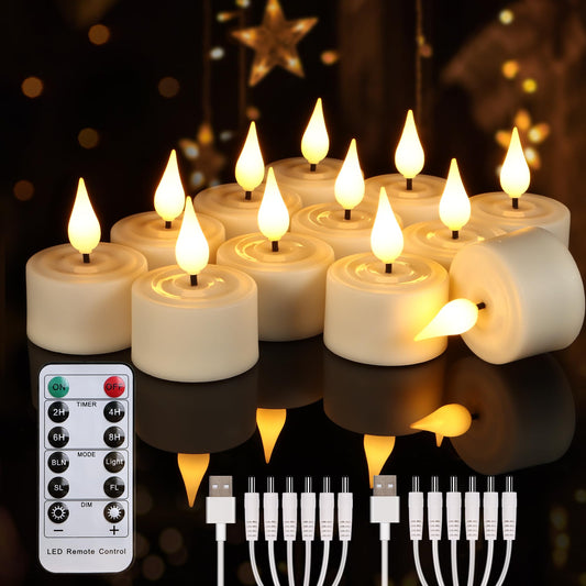 Daord Rechargeable Tea Lights with Remote Control & Timer Flickering Flameless 3D Wicks Tealight Candle Candles with Charging Cable