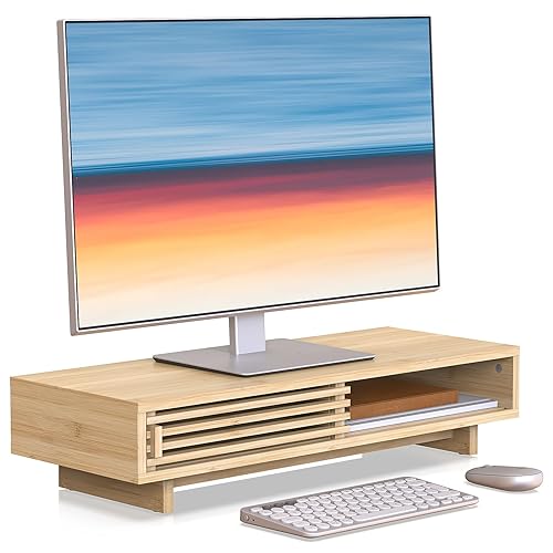 WELL WENG Monitor Stand Riser with Sliding Door, Computer Laptop Stand Desk Shelf Organizer with Storage (Natural Bamboo, 25 Inch)