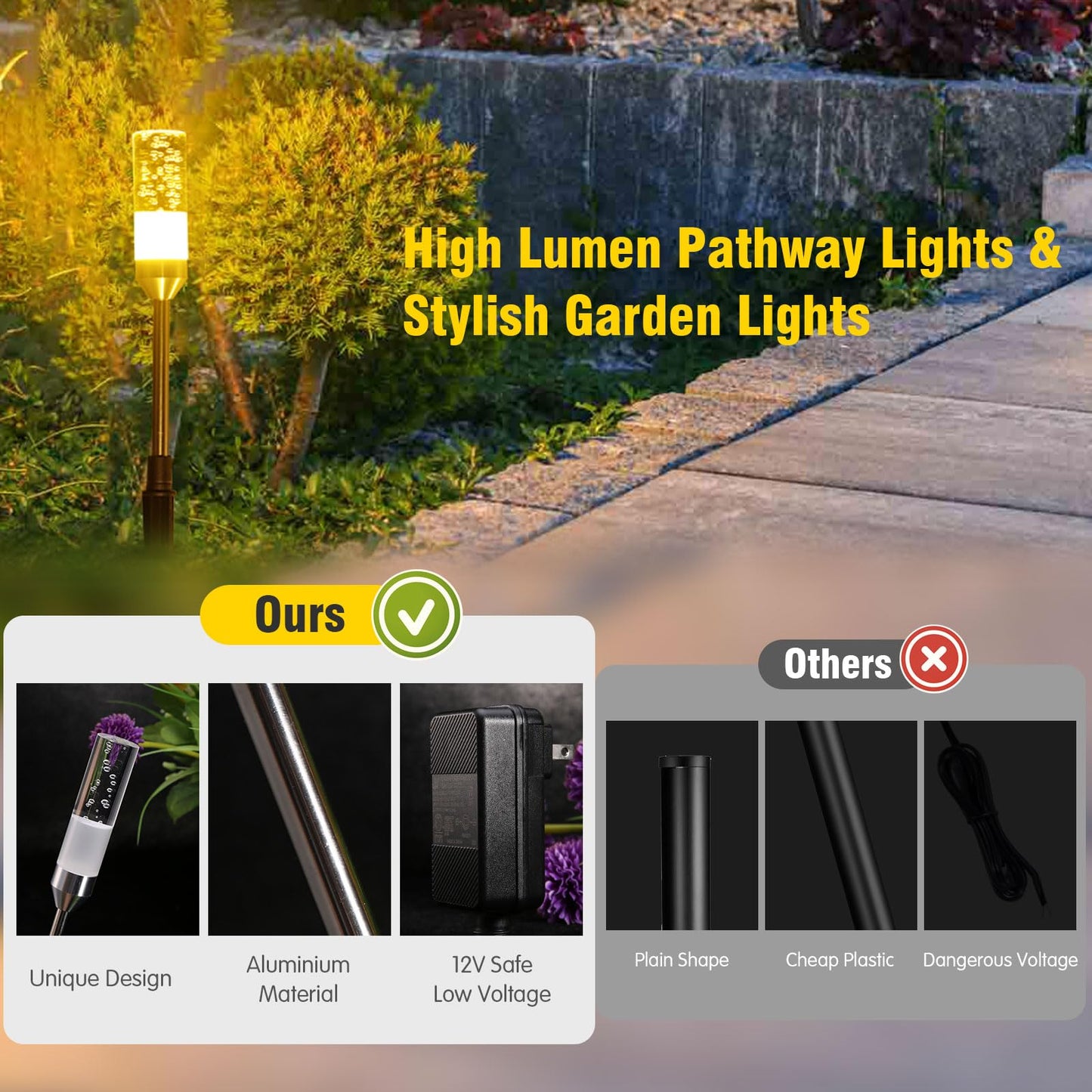 GreenClick LED Pathway Lights, 4.8W 12V AC/DC Low Voltage Path Lights, 570 Lumen 6 Pack Extendable Outdoor Landscape Lighting IP65 Waterproof Garden