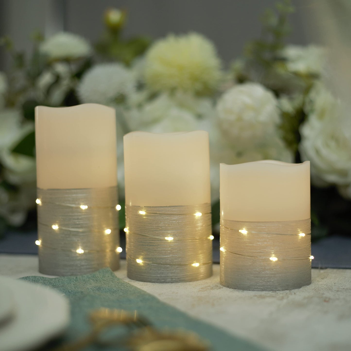 H-BLOSSOM Flickering Flameless Candles Ivory Real Wax Pillar with Embedded String Lights LED Candles Battery Operated with 10 Key Remote and Cycling