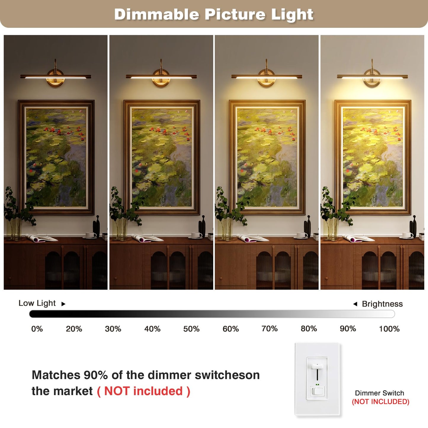 JOOSENLUX Dimmable Picture Lights - Modern 7W LED Wall Sconces for Paintings, 16.54" Long, 3000K Warm Light, Brass Golden Finish - Indoor Hallway
