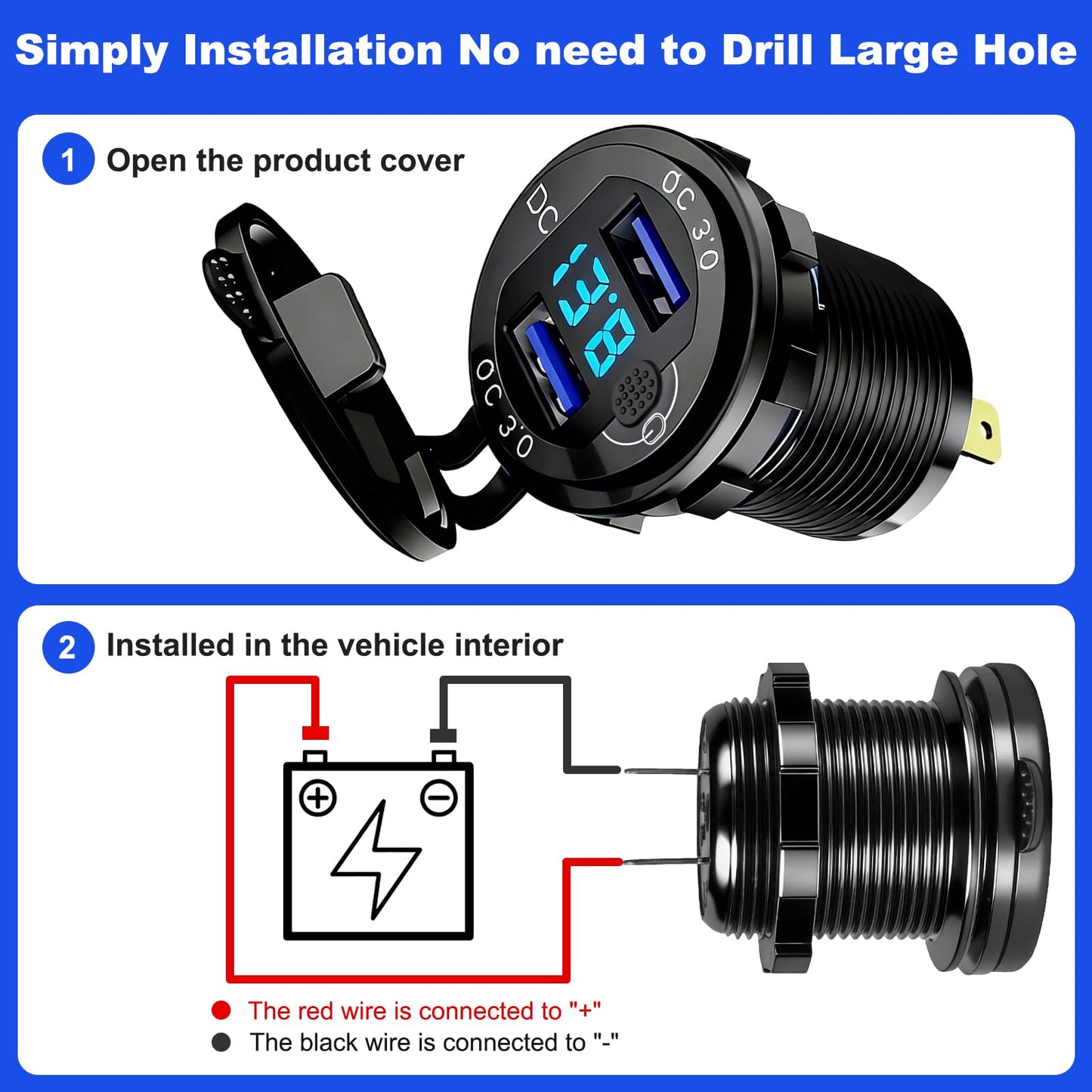 DAESENN 12V Flush Mount Car Charger, Aluminum Metal Body with LED Voltmeter and Switch, Dual QC3.0 USB Port for Marine, RV, Motorcycle & Panel