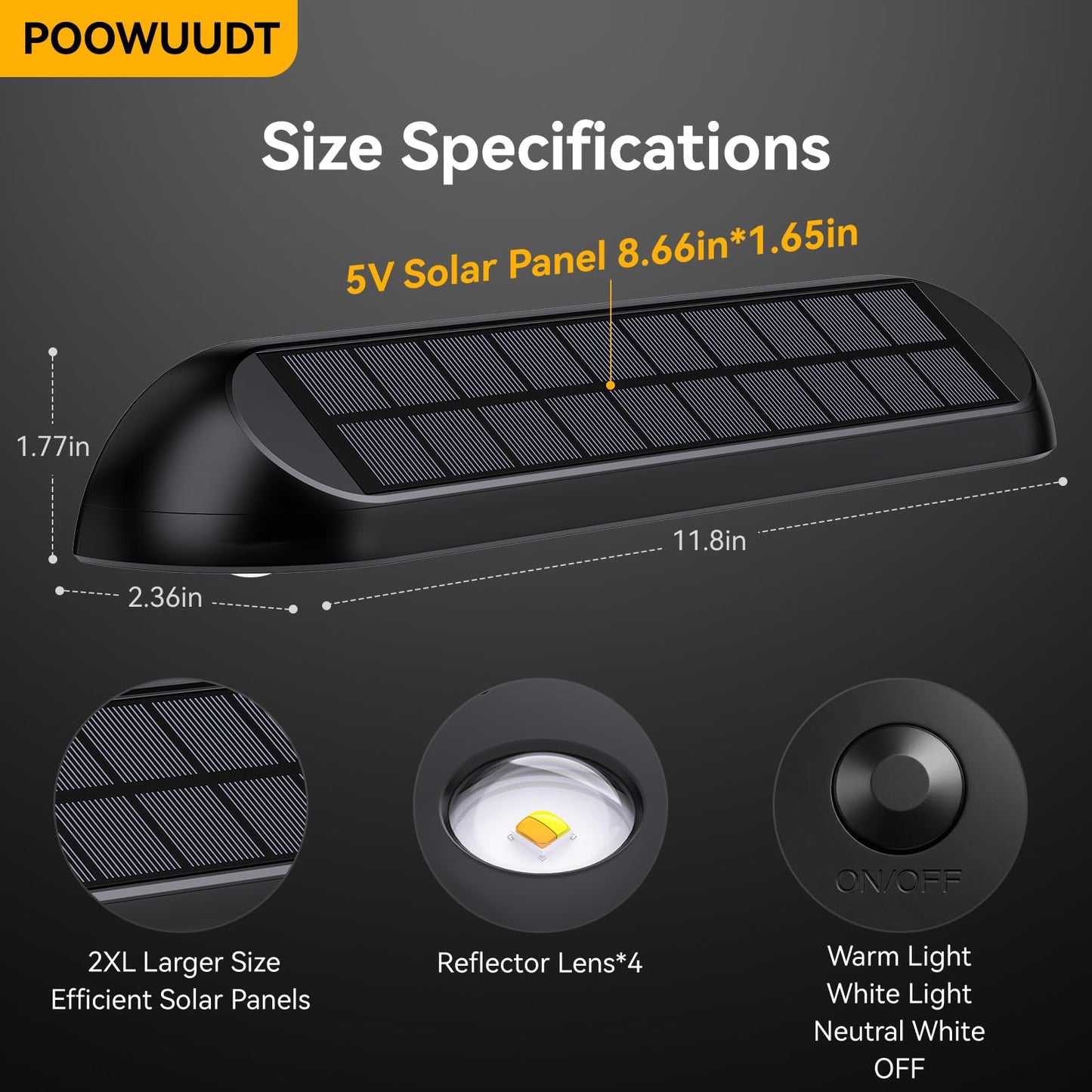POOWUUDT 11.81inch Solar Fence Lights Outdoor Waterproof, 3-Mode (3000K/4000K/6000K),4 LED with Upgraded High-Efficiency Solar Panel & Wide Beam