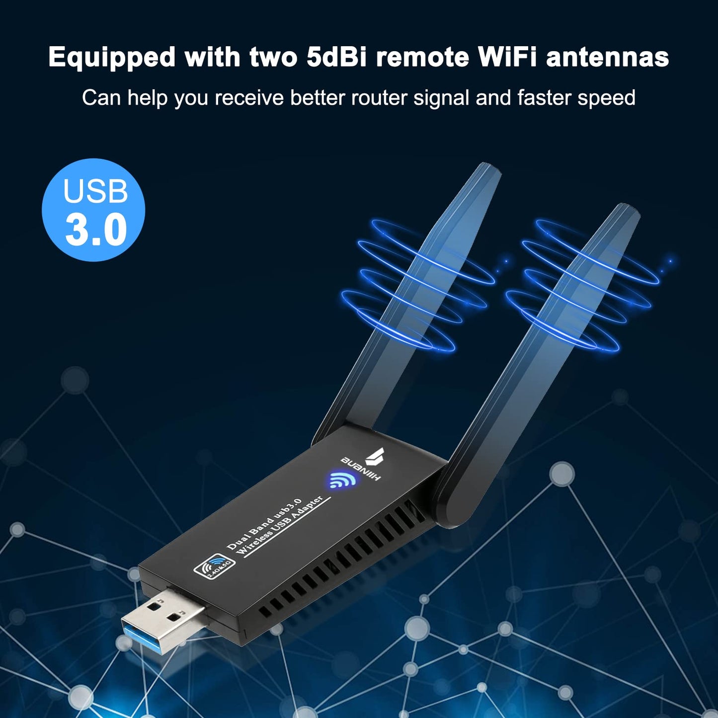 WiFi Adapter for Desktop PC,USB WiFi Adapter,1300Mbps Dual 5Dbi Antennas,Support 2.4G&5G Network,802.11AC Compliant,USB 3.0,Support Win10/8/7/XP, Mac