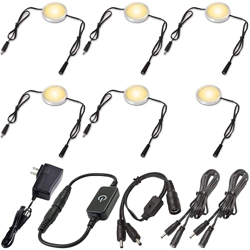 Lvyinyin Display Cases Lighting Kit, Linkable Round LED Under Cabinet Puck Lights, 0.3 Inch Low Profile Aluminum Lamp Shell, Touch Dimmable