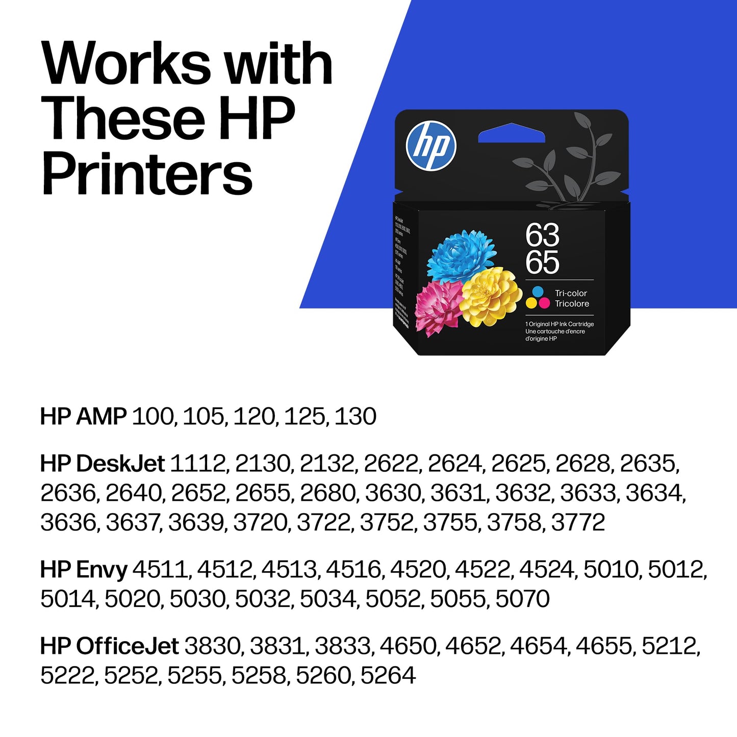 HP 63/65 Tri-Color Ink Cartridge (Replaces and Works with Both 63 & 65) | Works with AMP; DeskJet 1100, 2100, 2600, 3600; Envy 4500, 5000; OfficeJet