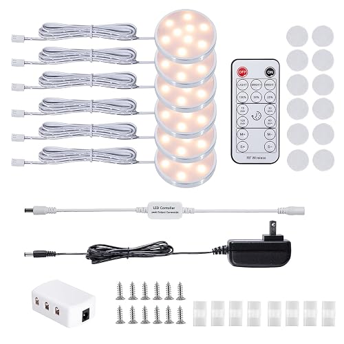 LED Dimmable Under Cabinet Lighting Kit,12V 6 Pack Wired Puck Lights with Remote Control, Plug in Under Counter Lighting Fixtures