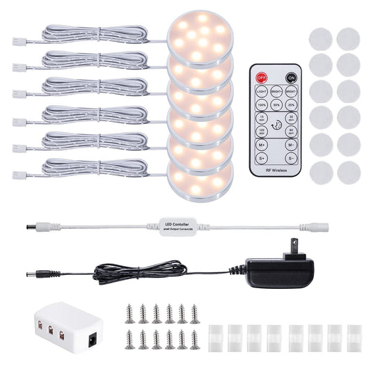 LED Dimmable Under Cabinet Lighting Kit,12V 6 Pack Wired Puck Lights with Remote Control, Plug in Under Counter Lighting Fixtures