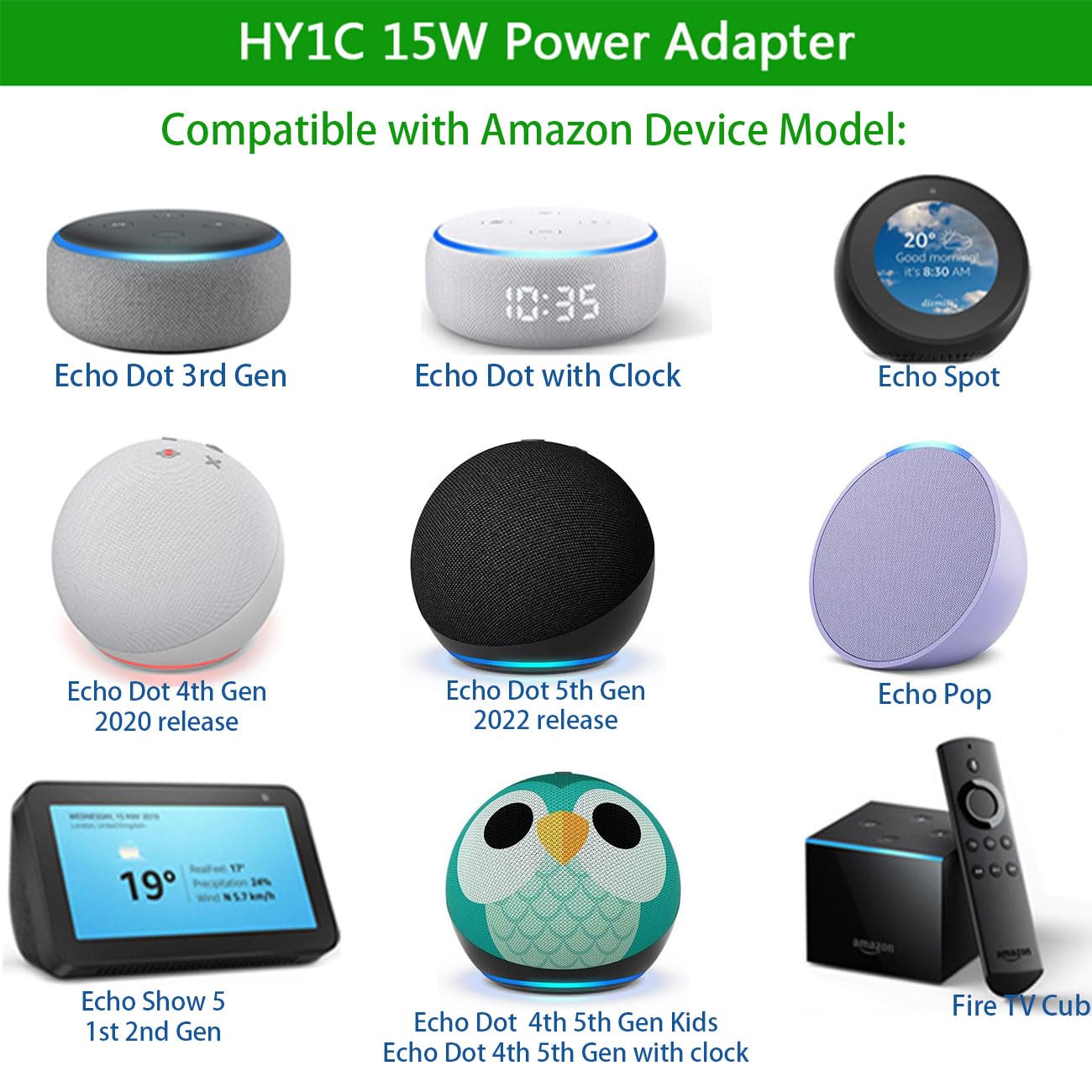 HY1C 15W Alexa Power Cord Replacement for Echo Dot 3rd Generation, Echo Dot 4th Generation, Echo Dot 5th Generation, Echo Show 5 1st 2nd Gen, Echo…