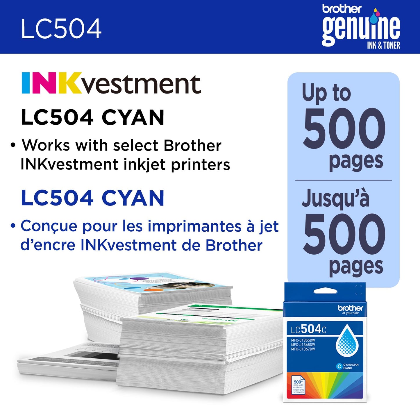 Brother Genuine LC504C Standard Yield Cyan Ink Cartridge (for use INKvestment 1355, 1365, and 1367 Printers)