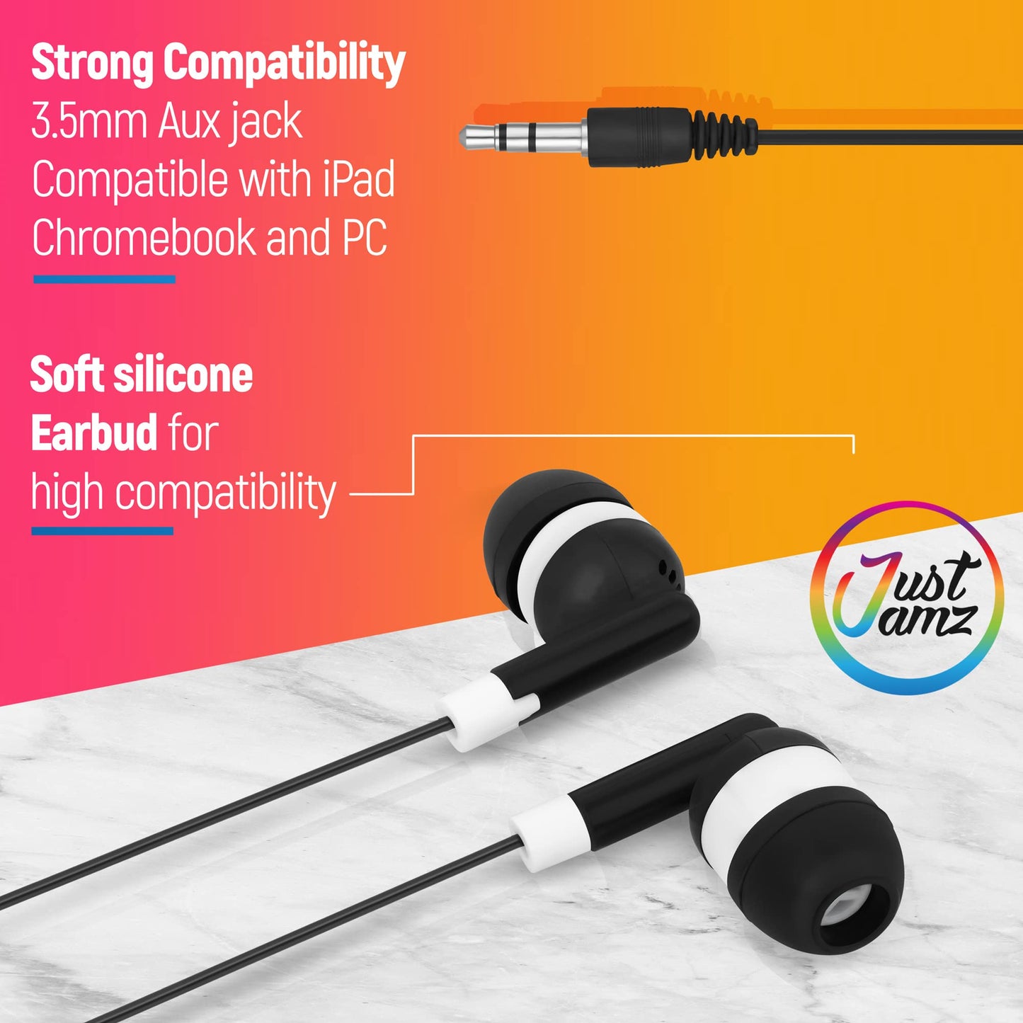 JustJamz Bulk Earbuds 100 Pack | Basic Ear Bud, Black Dot in-Ear Earphones, Disposable Headphones, Class Headphones Set for Students, Earphones…