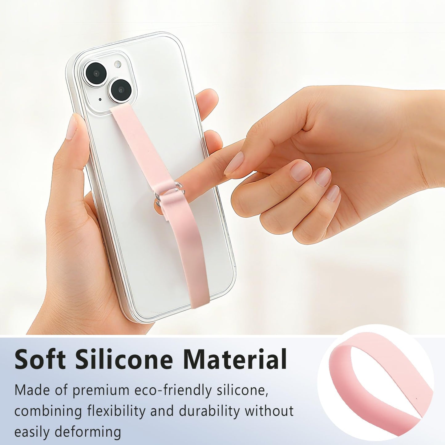 C-Shaped Silicone Clip Finger Phone Grip Strap - Reusable Stretchy Loop Holder for iPhone & Samsung Cases, Black + Pink
