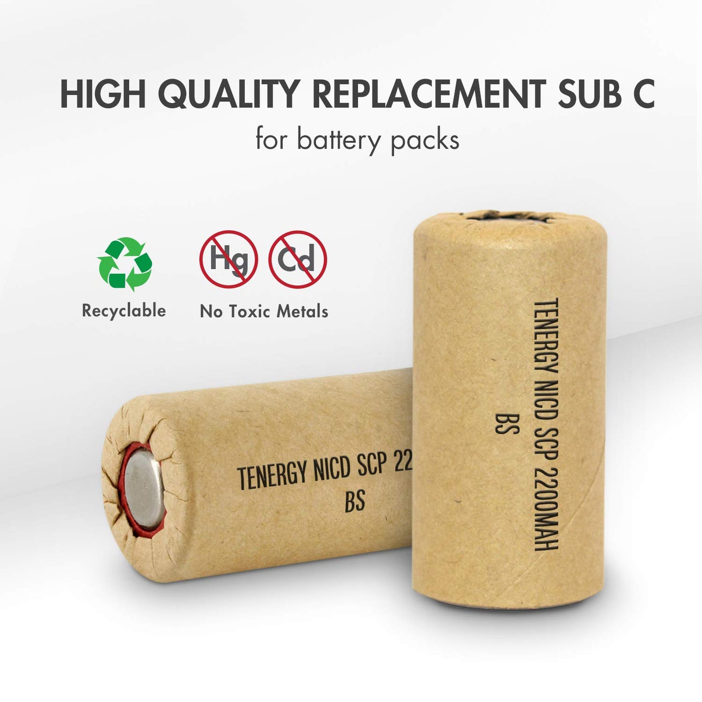 Tenergy 1.2V NiCd SubC 2200mAh Paper Wrapped Rechargeable Battery Flat Top - 15 Pack