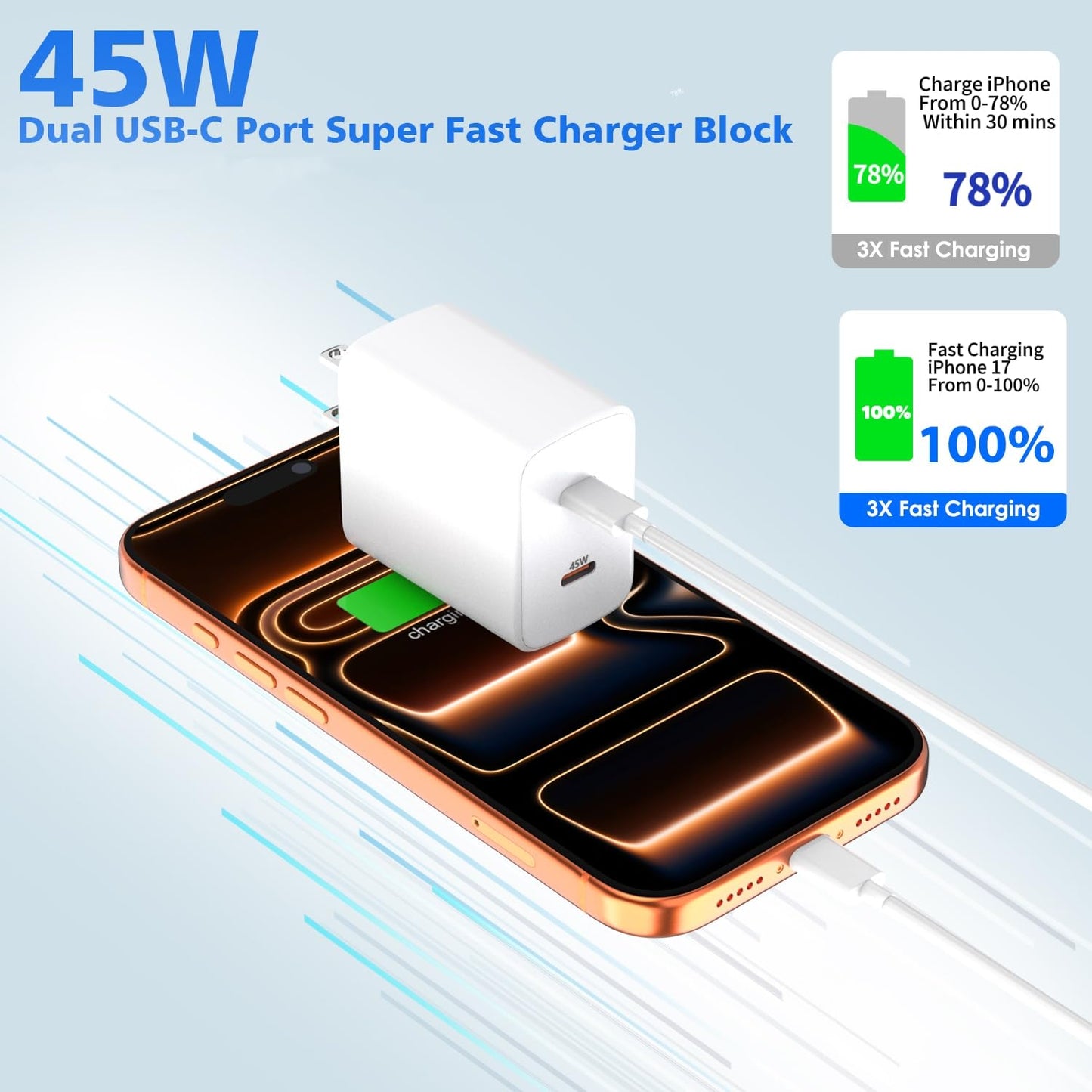 iPhone Charger Fast Charging,[Apple MFi Certified] 45W Dual Quick Apple Charger 2Pack 6FT Type C Block USB C to C Cable for iPhone 17E/17