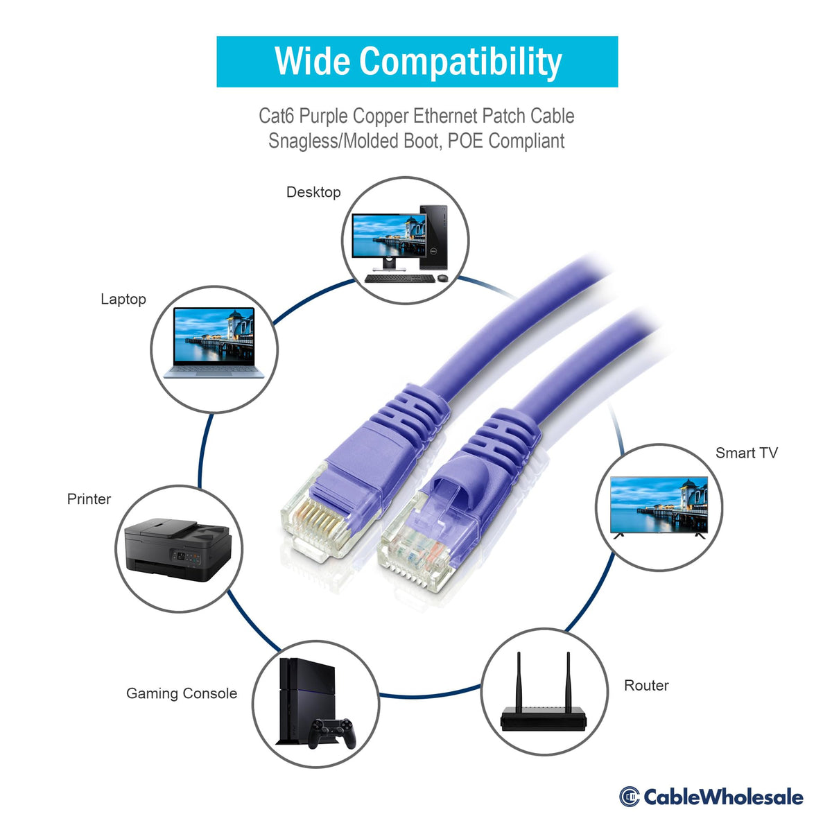 CableWholesale Cat6 UTP Ethernet Cable, Snagless Boot, PoE, 100 ft, Purple