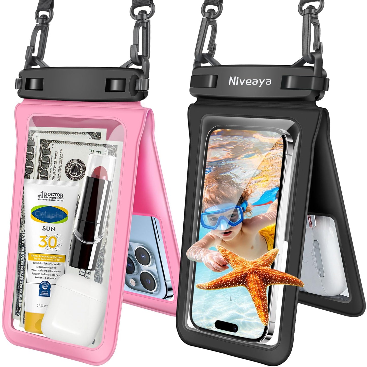 Niveaya Waterproof Phone Pouch - 2 Pcs, IPX8 Double Space Waterproof Phone Case, Accommodates Multiple Cell Phones.