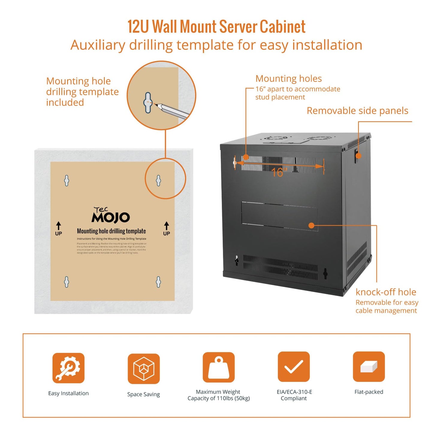 Tecmojo 12U Wall Mount Server Cabinet IT Network Rack Enclosure Lockable Door and Side Panels Black,Cooling Fan,Glass Door,17.7inch Depth,for 19” IT