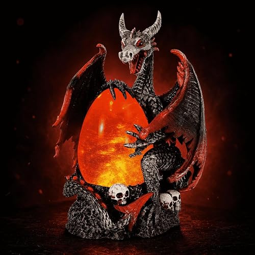 Fire Dragon Glitter Globe Statue, 11.75 Inch Dragon Egg Night Light with Skull Base, 6 Hours Timer, Battery Operated Horror Decor for Home, Halloween