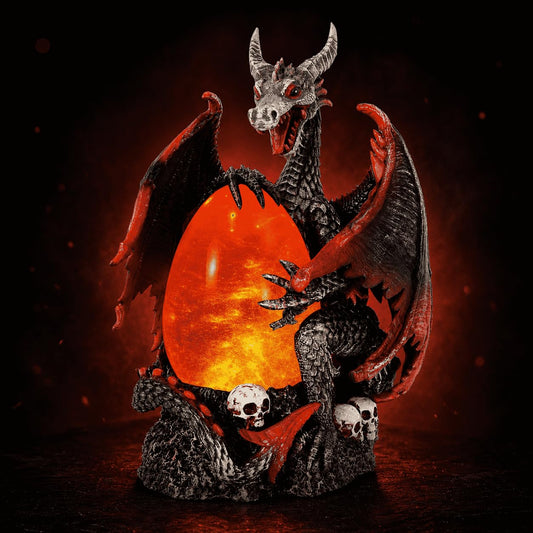 Fire Dragon Glitter Globe Statue, 11.75 Inch Dragon Egg Night Light with Skull Base, 6 Hours Timer, Battery Operated Horror Decor for Home, Halloween