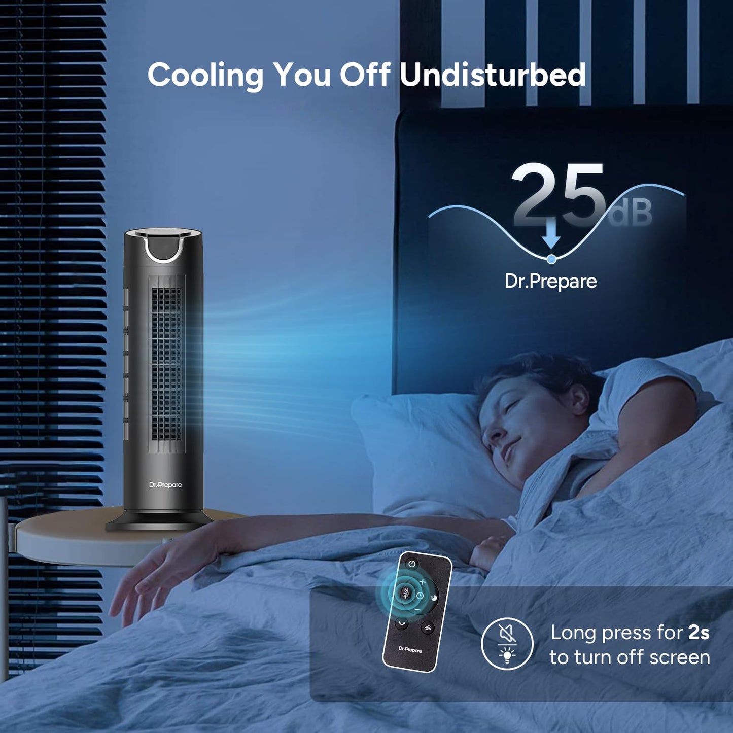 DR.PREPARE Tower Fan for Bedroom, 25 dB Quiet DC Bladeless Fan with Remote, 8 Speeds, 1-8H Timer, 80° Oscillating Fans for Indoors, 16 Inch Portable