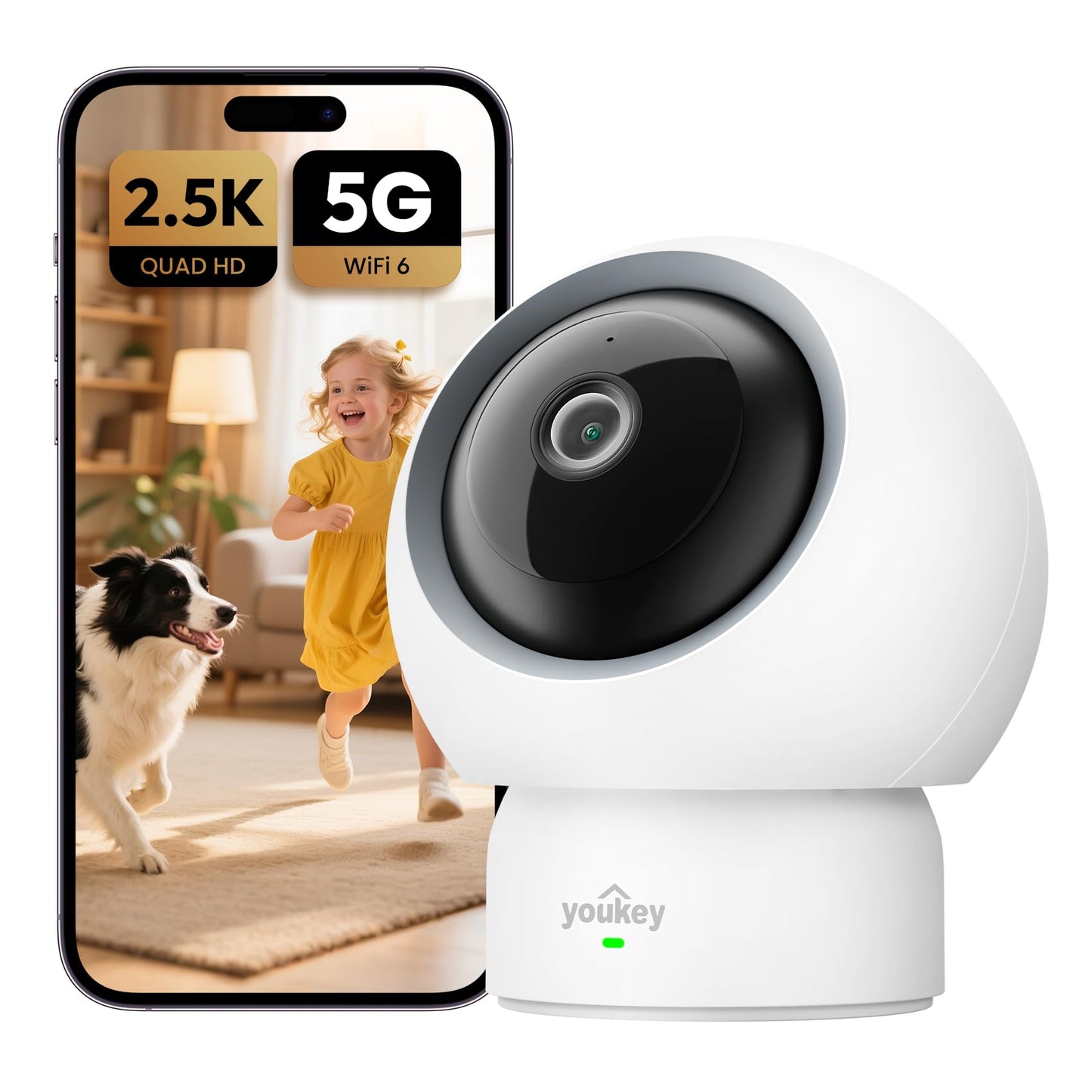 youkey 2.5K Indoor Camera, No Monthly Fees, Pan-Tilt, 360° Dog/Pet Camera for Home Security with Phone App, 5G/2.4G WiFi 6, Human/Pet/Baby Crying