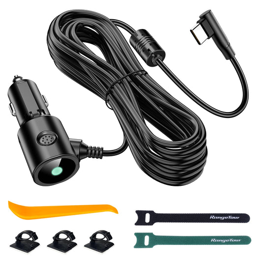 Range Tour Dash Camera Car Charger, USB-C Interfaces, L-Type Driving Recorders Power Cord Universal Car Adapter Power Cord 22AWG 3.5m/11.5ft 12V/24V
