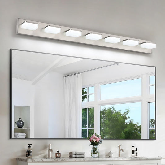 Bicrink 7-Light Bathroom Vanity Light Fixture Over Mirror, Nickel LED Vanity Lighting Fixtures, 45.67 inch Modern Bathroom Wall Light Fixtures