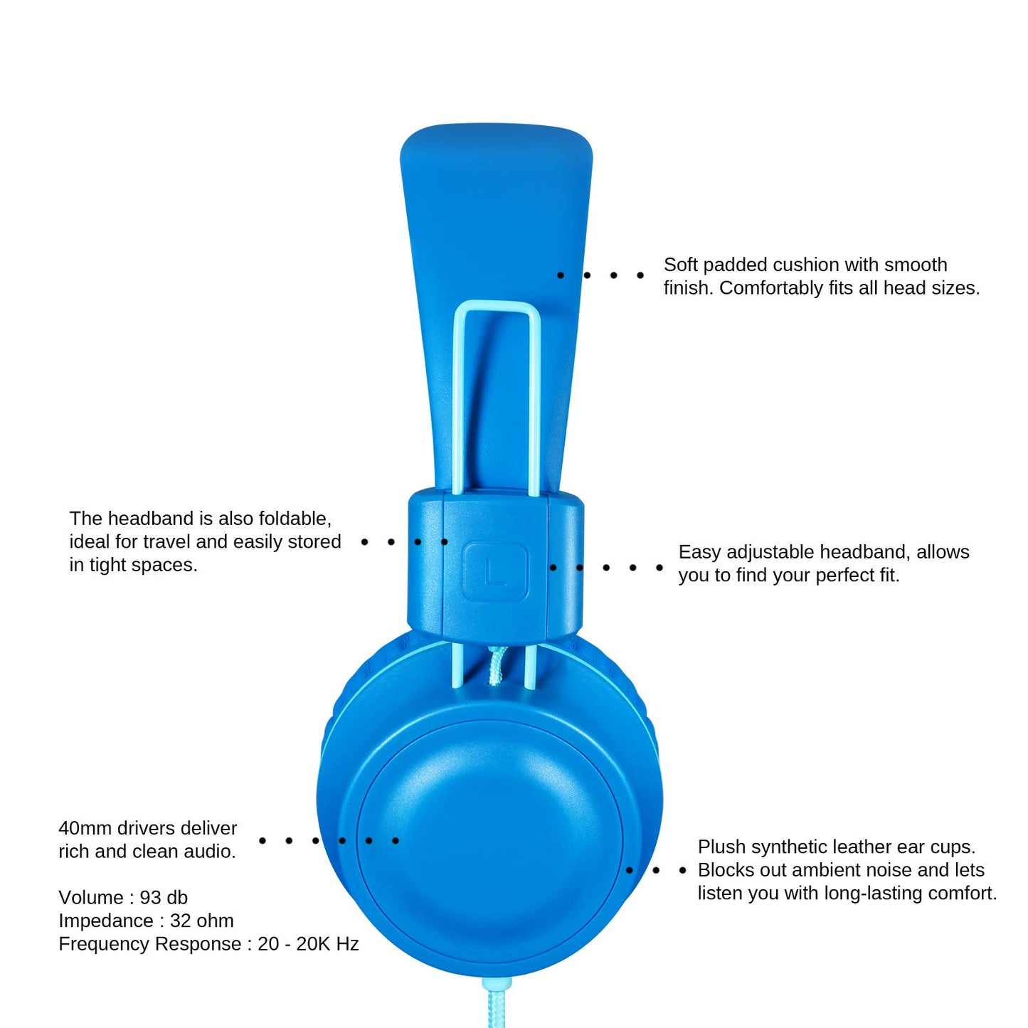 iRAG J01 Kids Headphones Foldable Stereo Tangle-Free 5ft Long Cord 3.5mm Jack Plug in Wired On-Ear Headset for iPad/Amazon Kindle