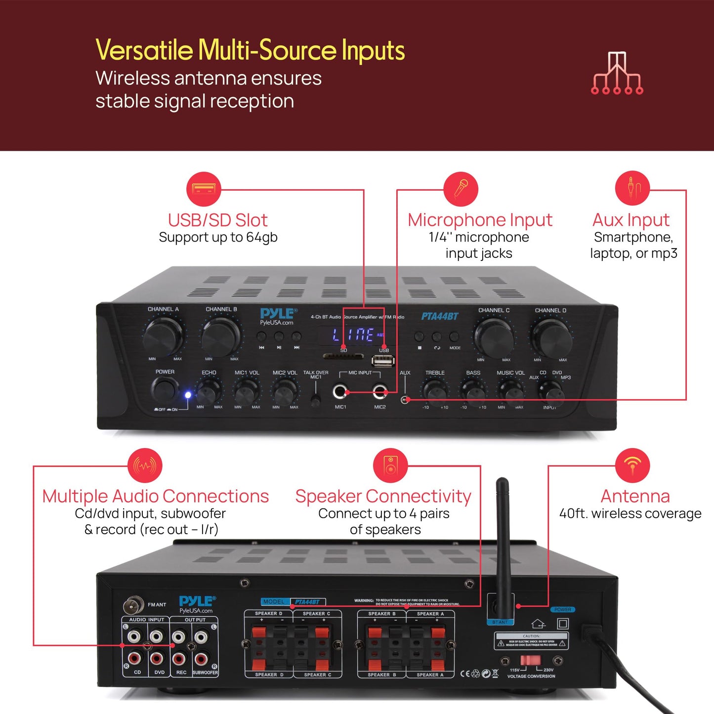 Pyle 4-Channel Audio Amplifier with Bluetooth - Home Stereo Receiver w/ 500W Max Power - Commercial or Karaoke - Dual Mic Input with Echo, Vol